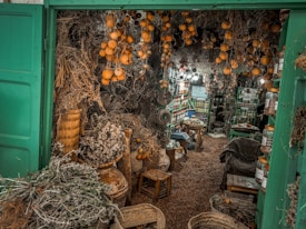 An interior space filled with a variety of dried herbs and gourds hanging from the ceiling. Shelves are stocked with jars and bottles, possibly containing spices, teas, or herbal mixtures. The ground is covered with what appears to be mulch or dried material. The lighting is warm and inviting, casting an earthy and natural ambiance.