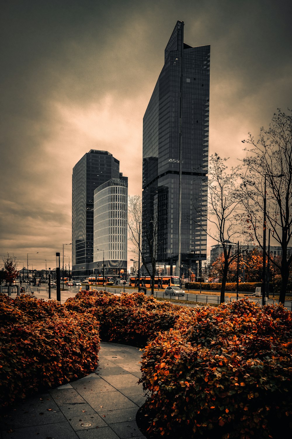 Graues Betongebäude in der Nähe von Bäumen und Pflanzen unter grauem Himmel