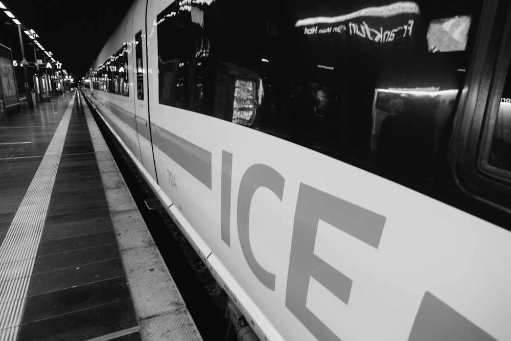 grayscale photo of train station