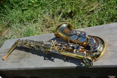 A vintage saxophone resting on a polished wooden floor bathed in soft sunlight.