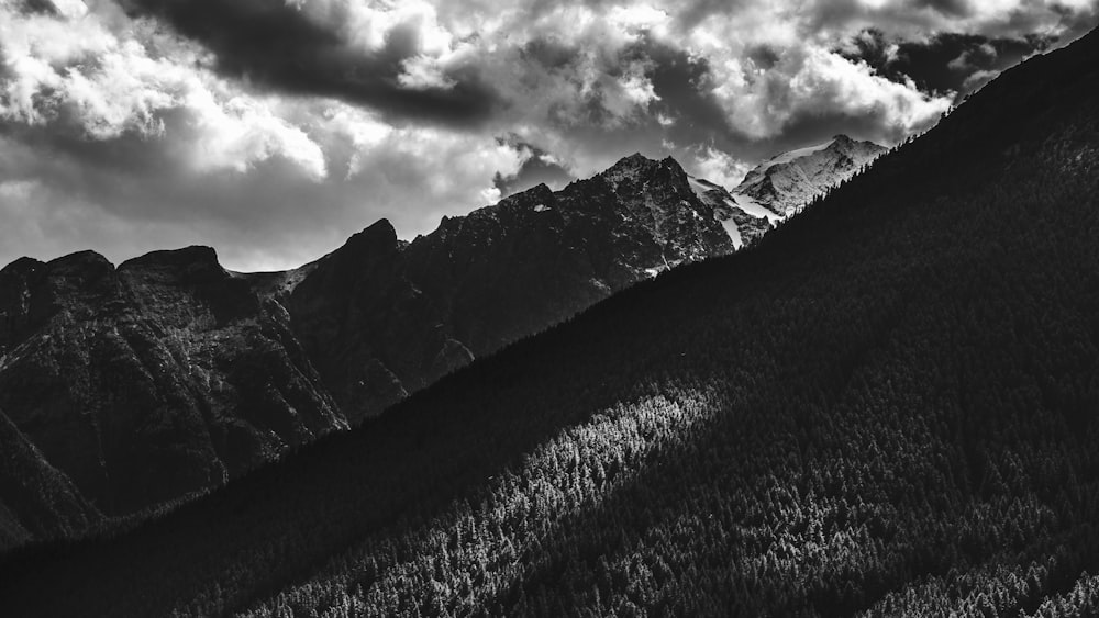 grayscale photo of mountain range