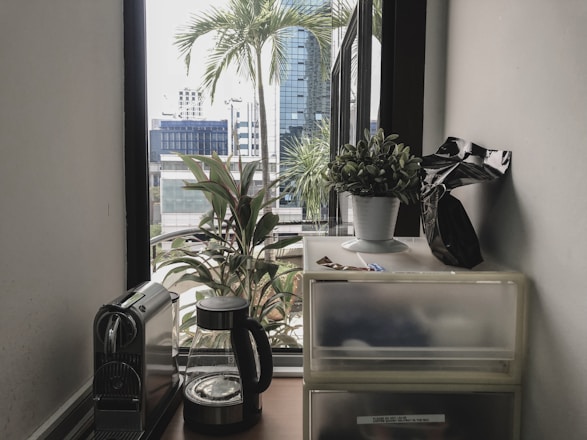A small office corner with a coffee machine and a glass kettle placed on a wooden surface. A metal drawer cabinet has items on top including a potted plant and a wrapped package. Through the large window, a view of tall palm trees and a cityscape with modern buildings is visible.