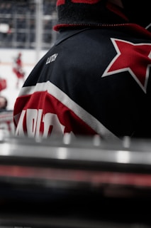 A close-up of a hockey uniform featuring detailed stitching and team logo.