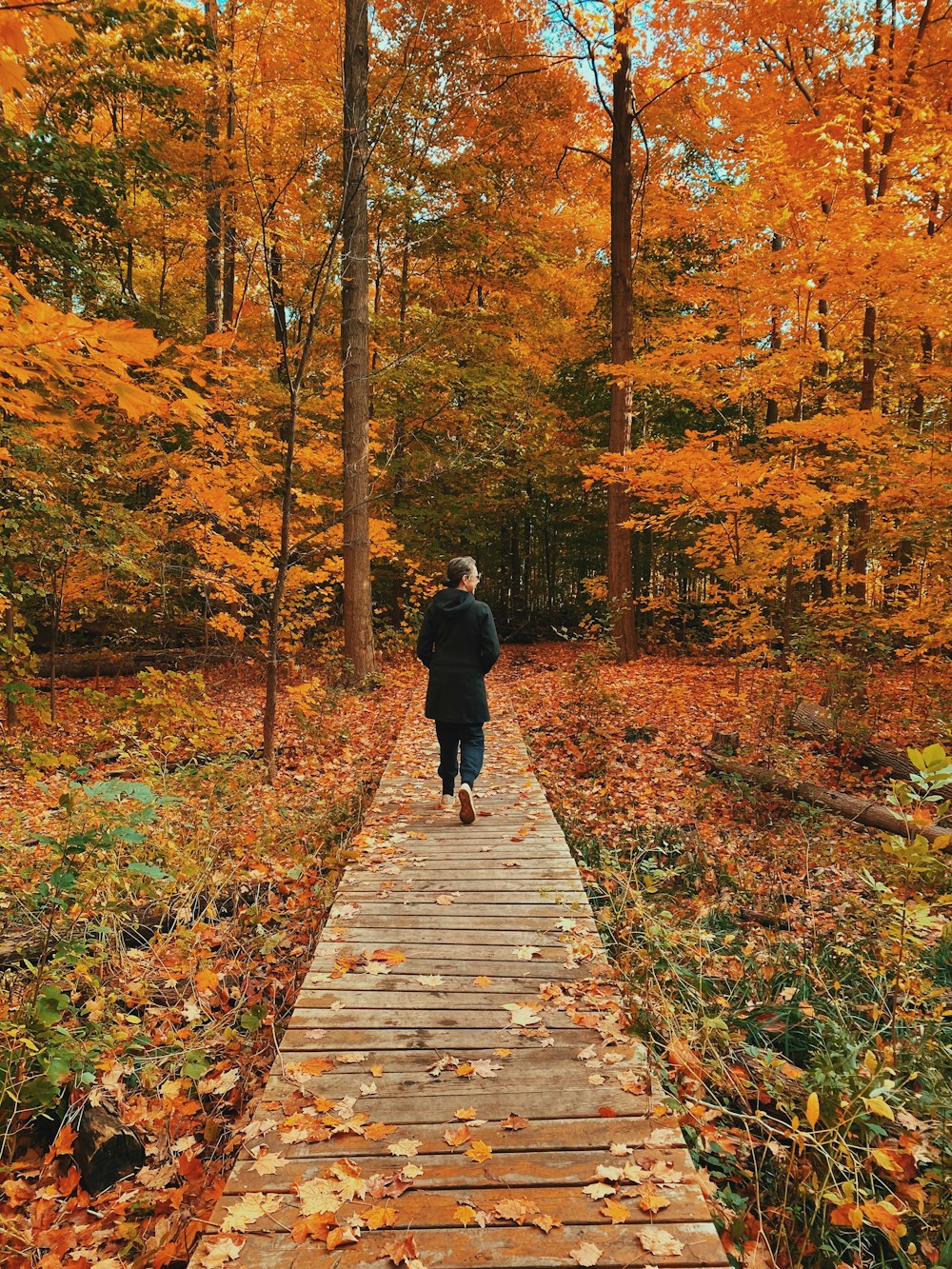 woman in black jacket walking on wooden pathway surrounded by trees during daytime