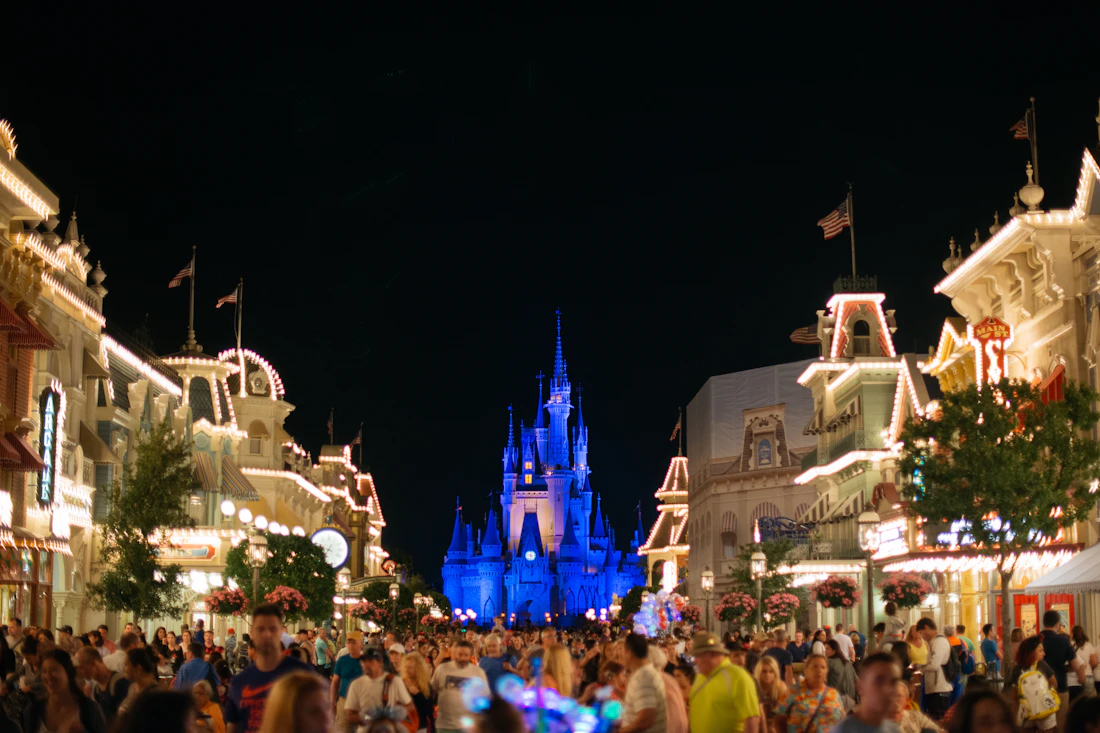A Disney castle illuminated at dusk