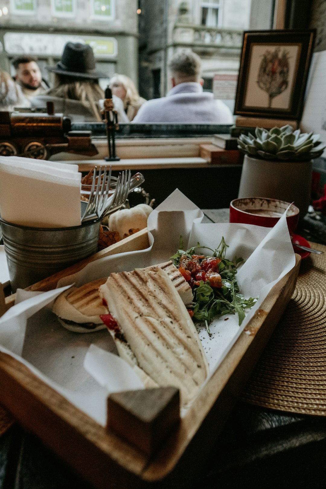 brown wooden tray with food on it