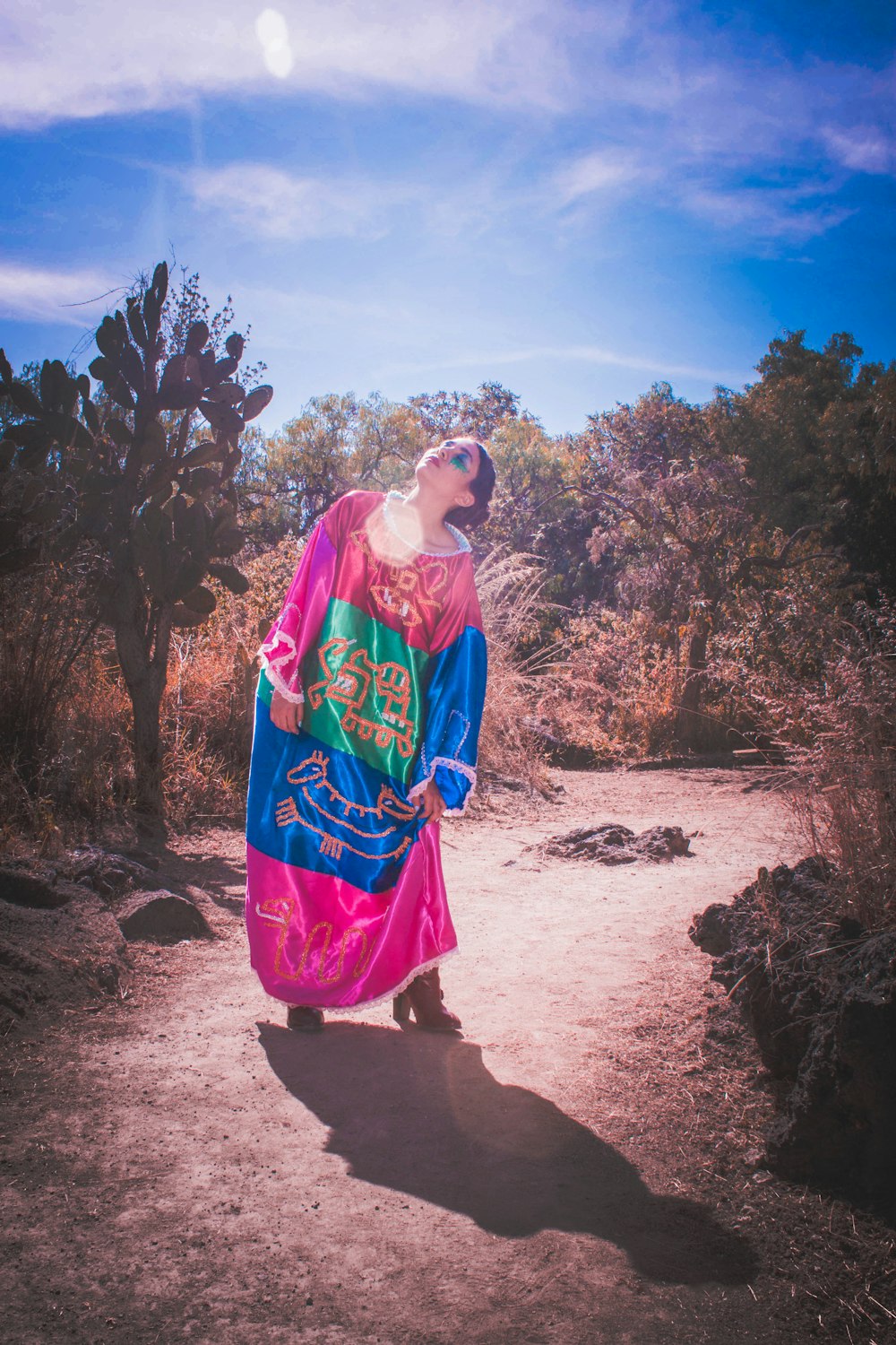 woman in blue and pink floral dress standing on brown sand during daytime