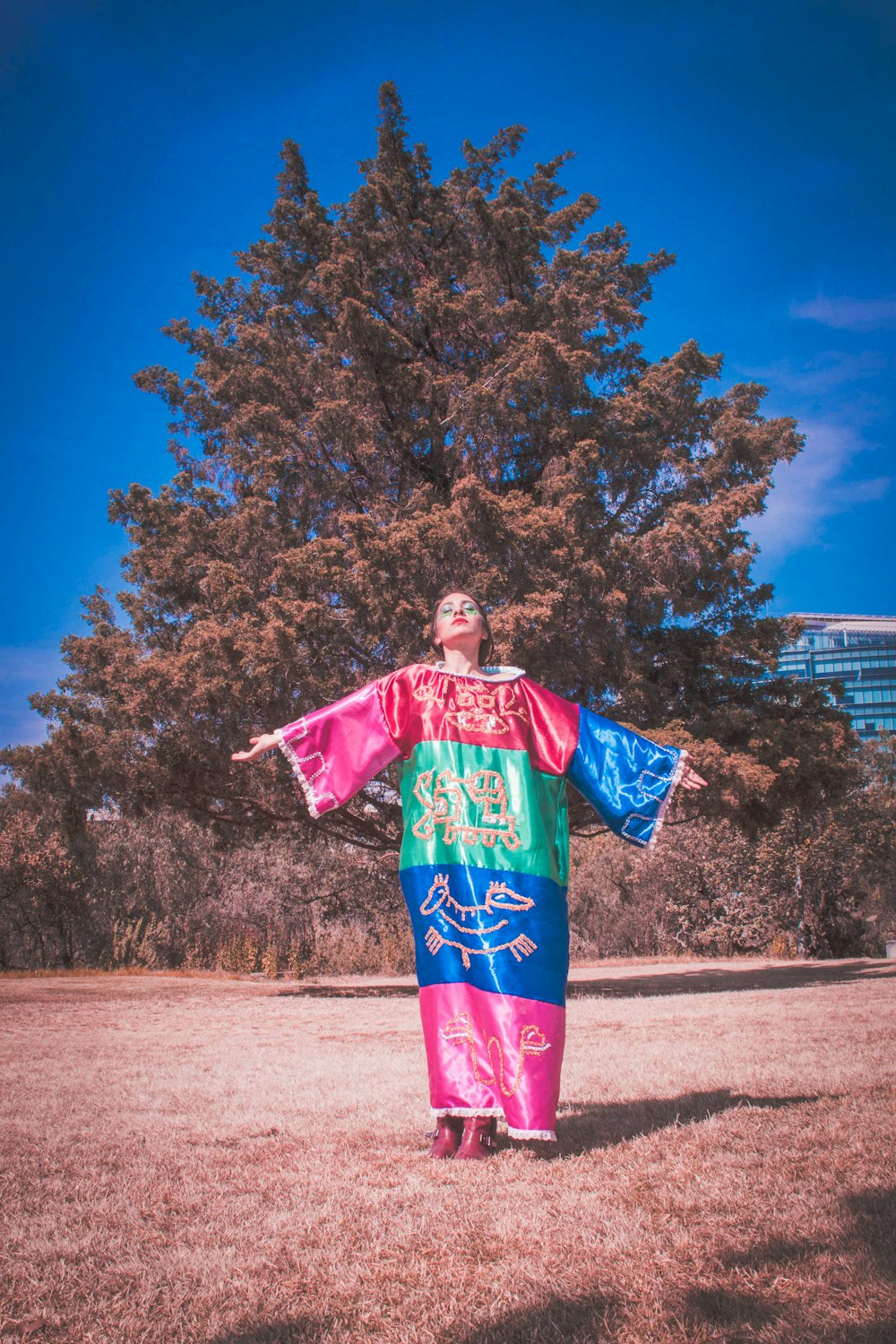 woman in pink and white floral kimono standing on brown field during daytime