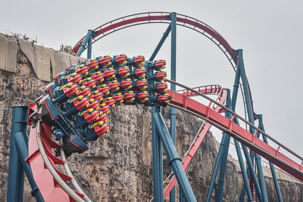 red and blue roller coaster rail