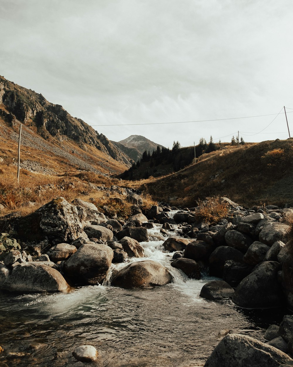 rocky river between mountains under cloudy sky during daytime