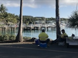 Several people wearing yellow high-visibility jackets are sitting in a shaded area near a waterfront. In the background, there is a marina with numerous docked boats and yachts. Palm trees and other greenery provide a tropical feel. The scene is relaxed, with a clear sky and calm water.