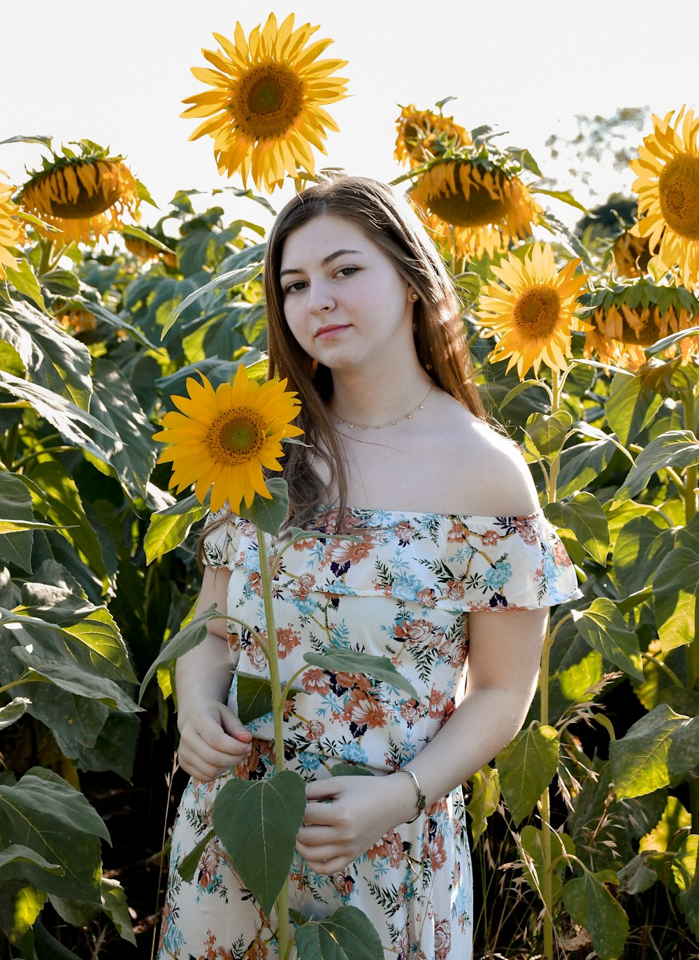 woman in white floral dress standing on sunflower field