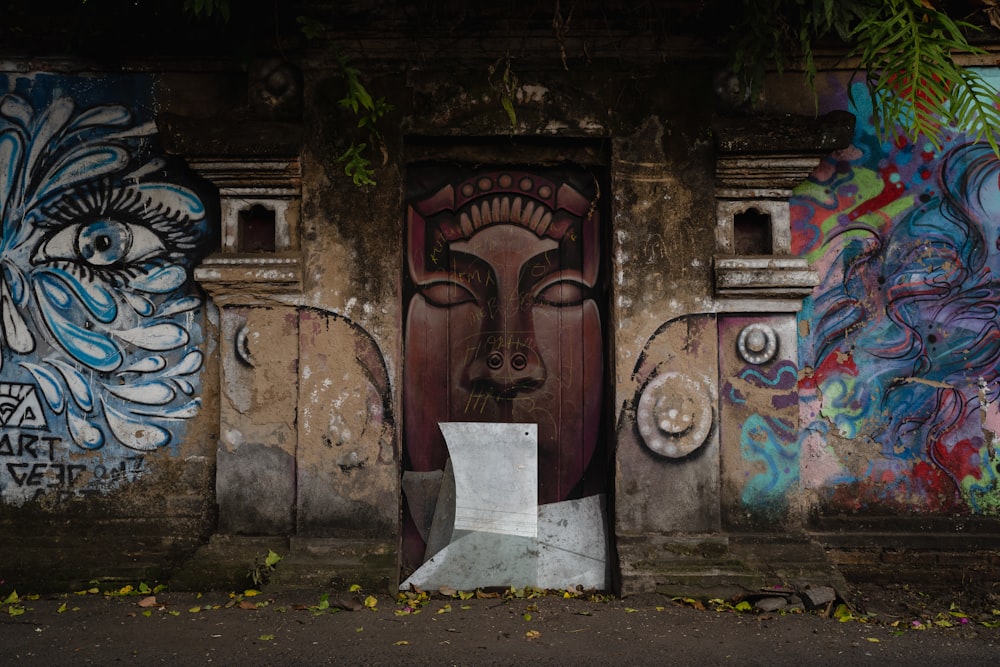 brown wooden door with human face print