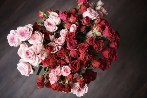 A romantic bouquet of 25 roses in varying shades of pink, tied with a lilac satin ribbon.