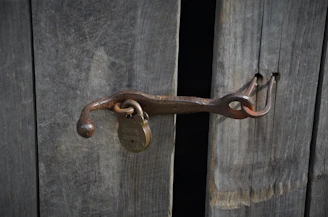 A craftsman fitting a custom-designed lock on a rustic farmhouse door.