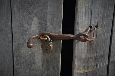 A craftsman fitting a custom-designed lock on a rustic farmhouse door.