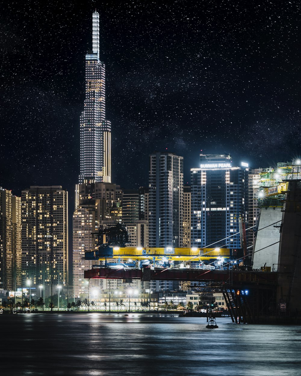 city skyline during night time