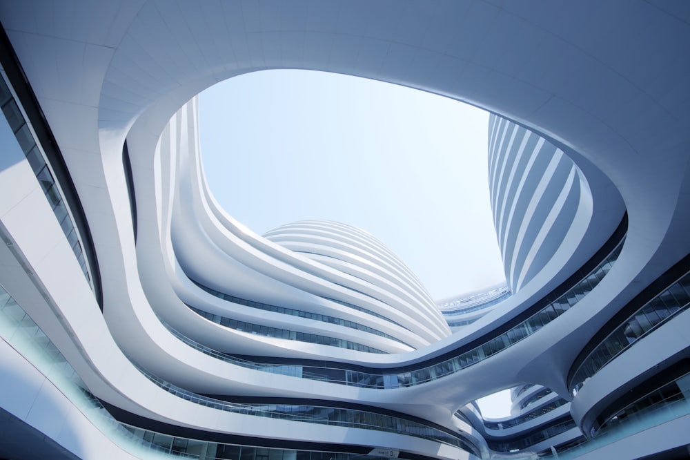 white and blue spiral stairs