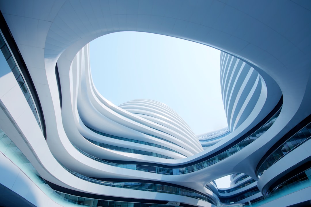 white and blue spiral stairs