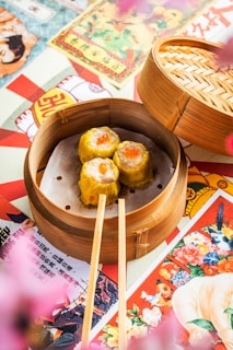 brown wooden round bowl with food