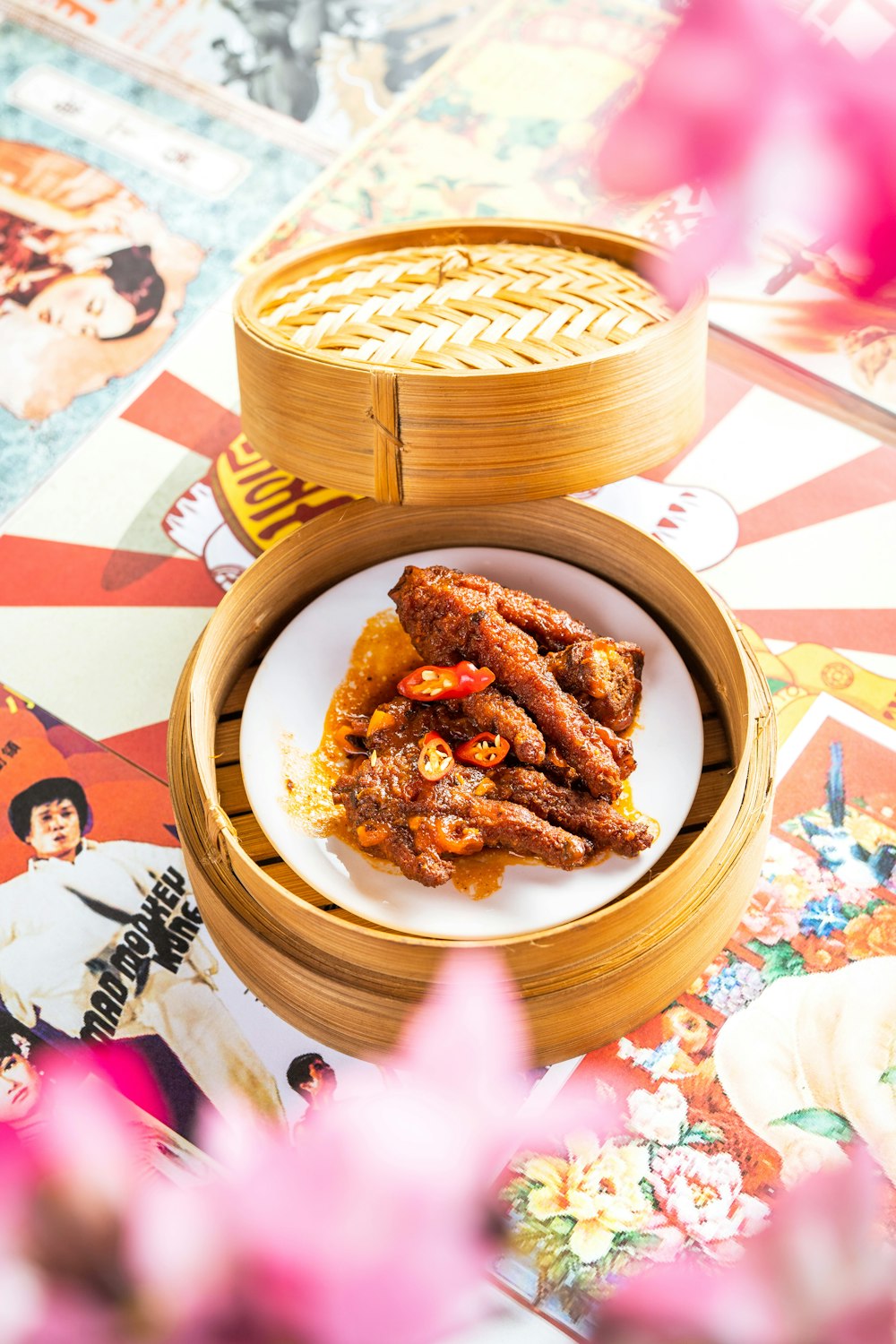 fried food on brown woven round plate