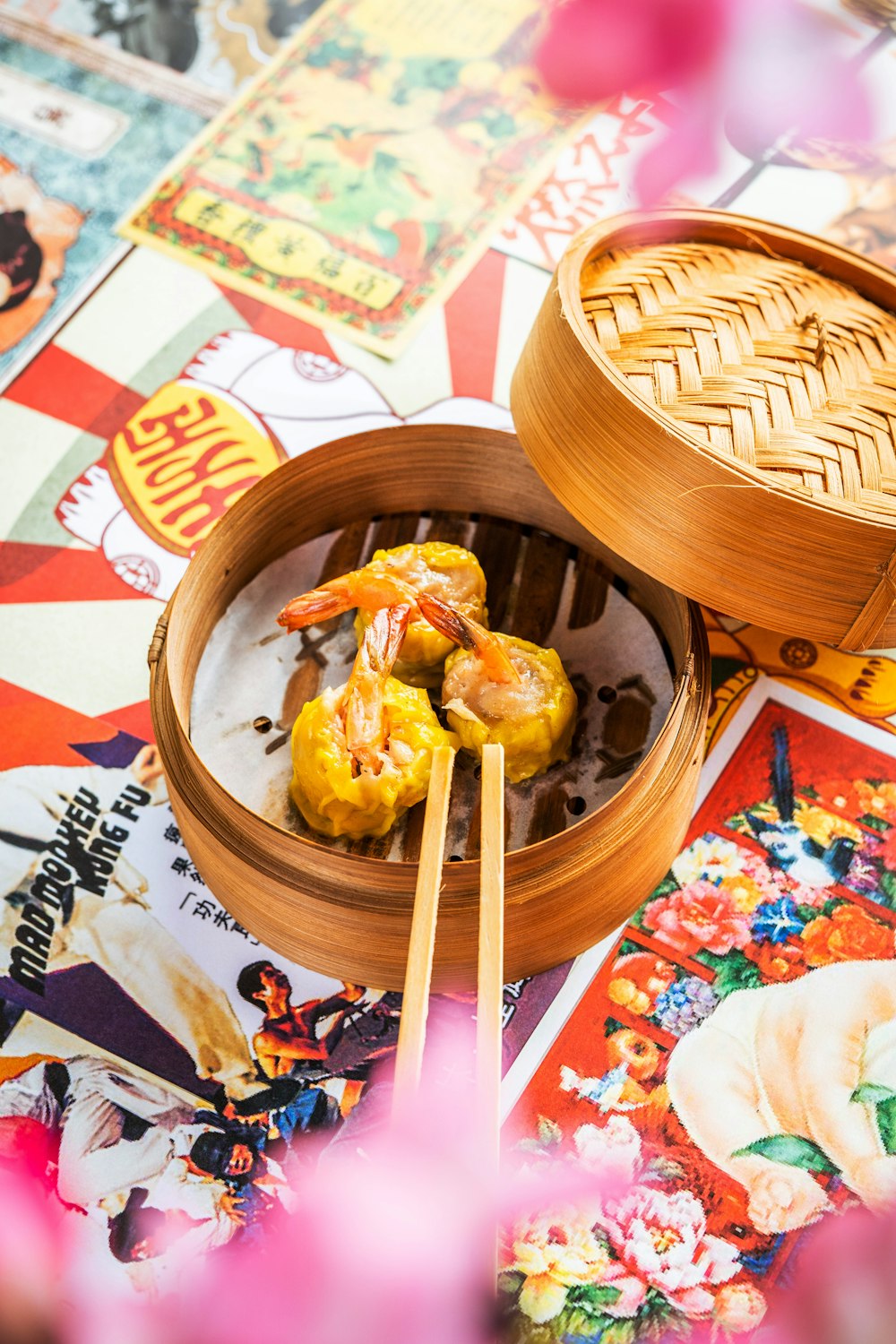 brown wooden bowl with rice and chopsticks