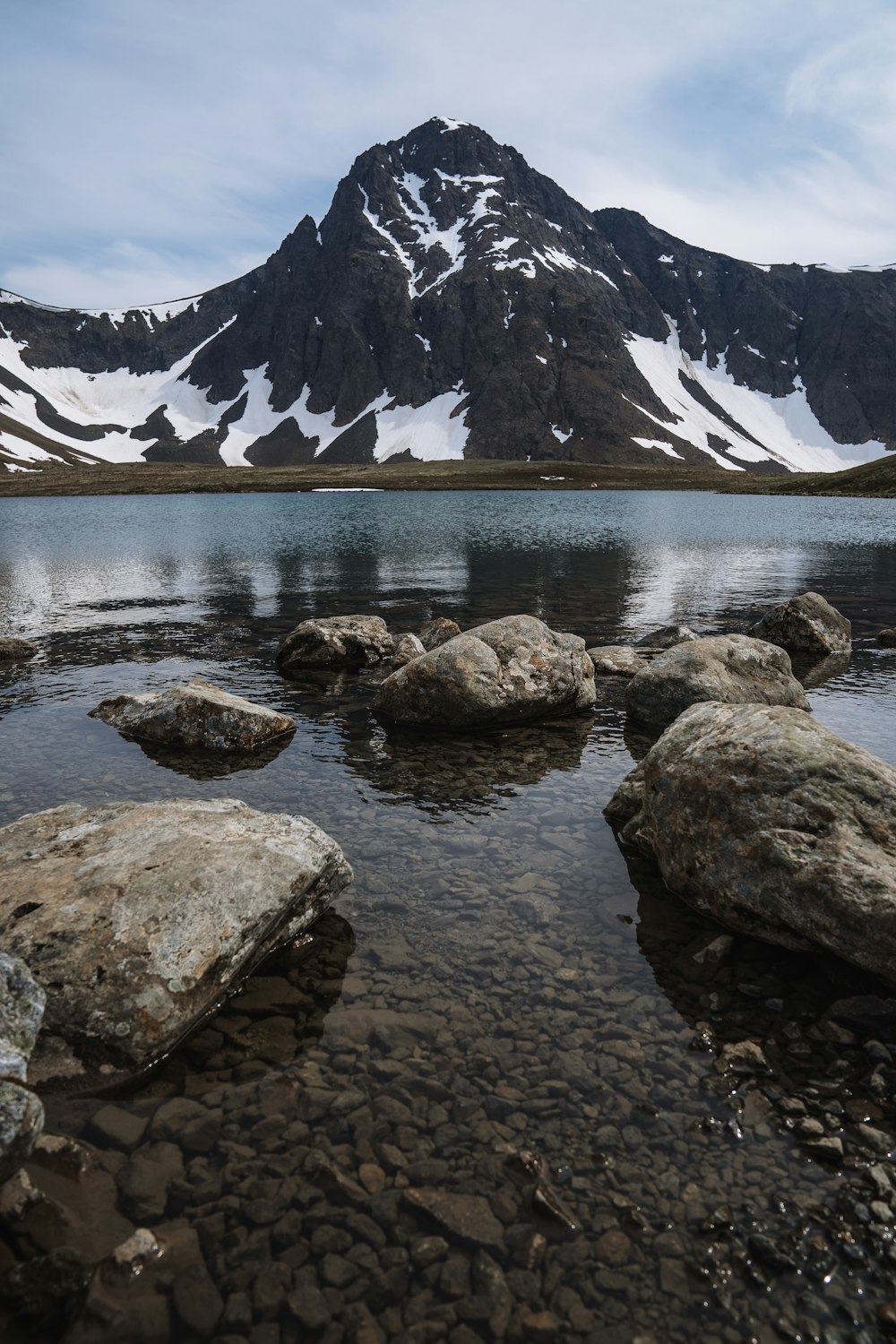 brown rocks on lake near snow covered mountain during daytime