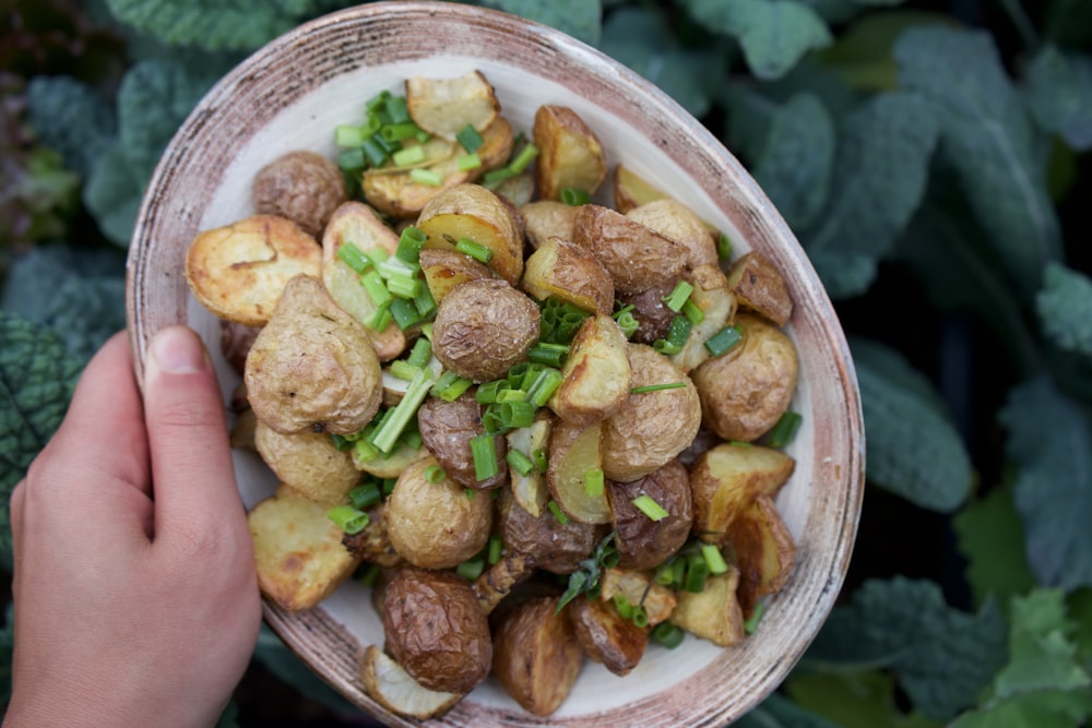 brown and green food on white ceramic bowl