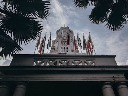 A towering, ornate building partially obscured by palm trees, displaying numerous international flags. The sky is overcast, lending a dramatic backdrop to the scene, and the building's architecture features detailed columns and decorative elements.