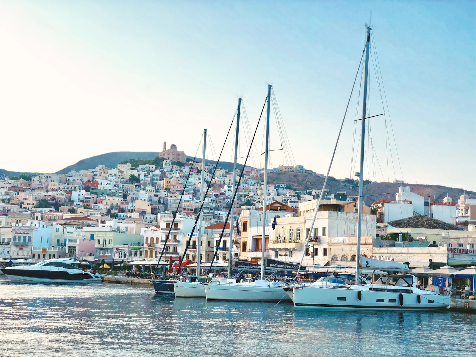 Sailing yachts moored in Ermoupoli harbour, Syros