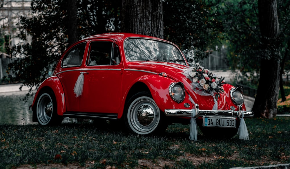 red volkswagen beetle parked on the street