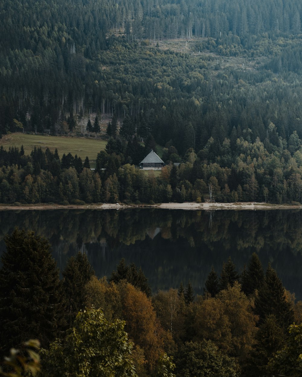 Maison blanche et brune sur un champ d’herbe verte près du lac pendant la journée