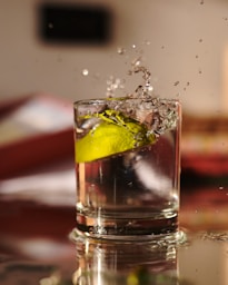 clear drinking glass with ice and lemon