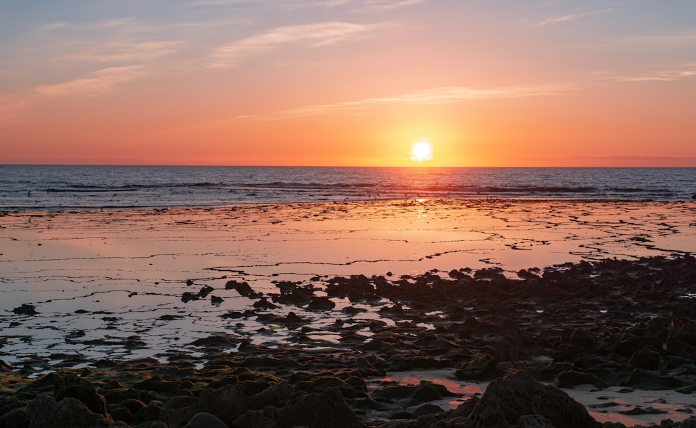 sea waves crashing on shore during sunset