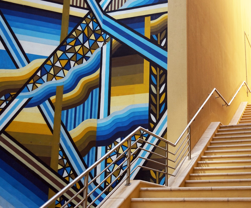 blue white and yellow concrete staircase