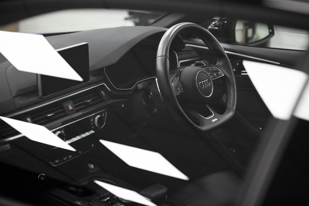 black and white car interior