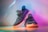 A pair of stylish, dark-colored sneakers with textured patterns, placed on a surface that reflects ambient rainbow-colored lighting. The shoes have a distinct sole design, prominent laces, and exhibit a modern, fashionable look.