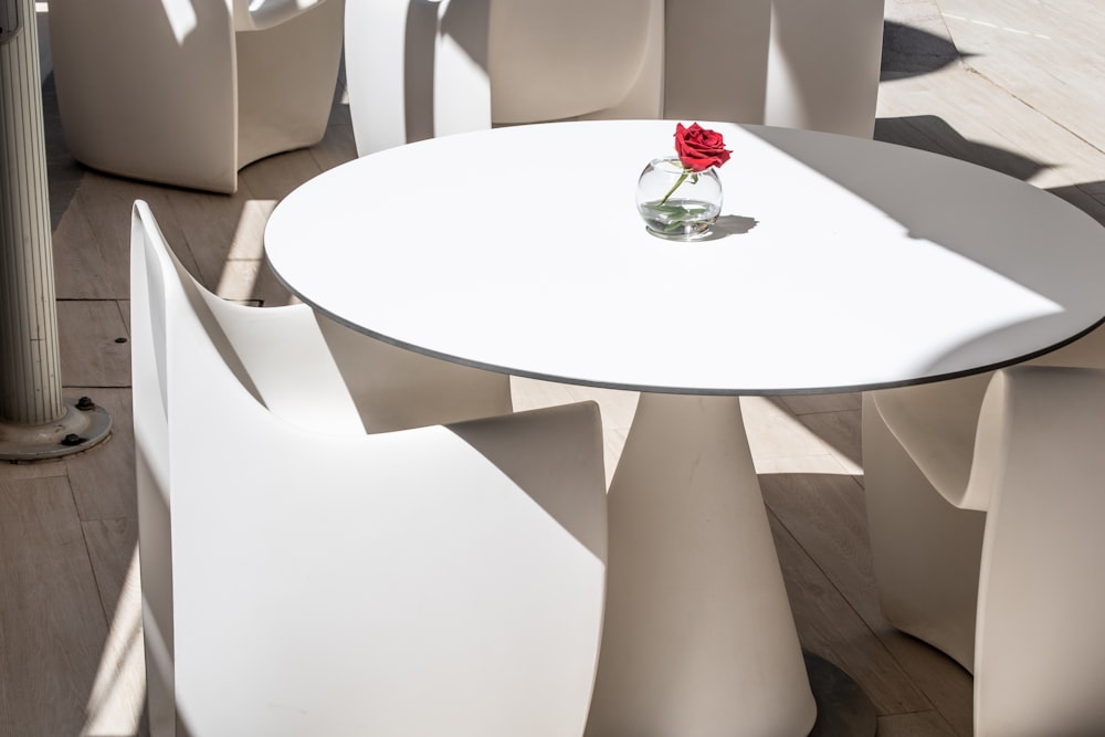 red rose on white round table