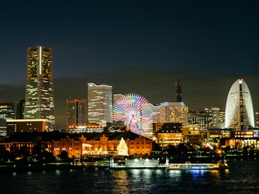 city skyline during night time