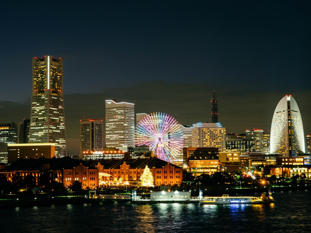 city skyline during night time