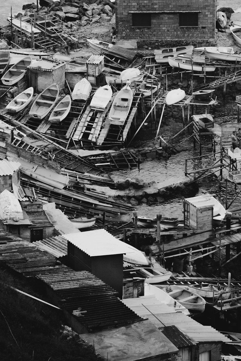 grayscale photo of houses and buildings