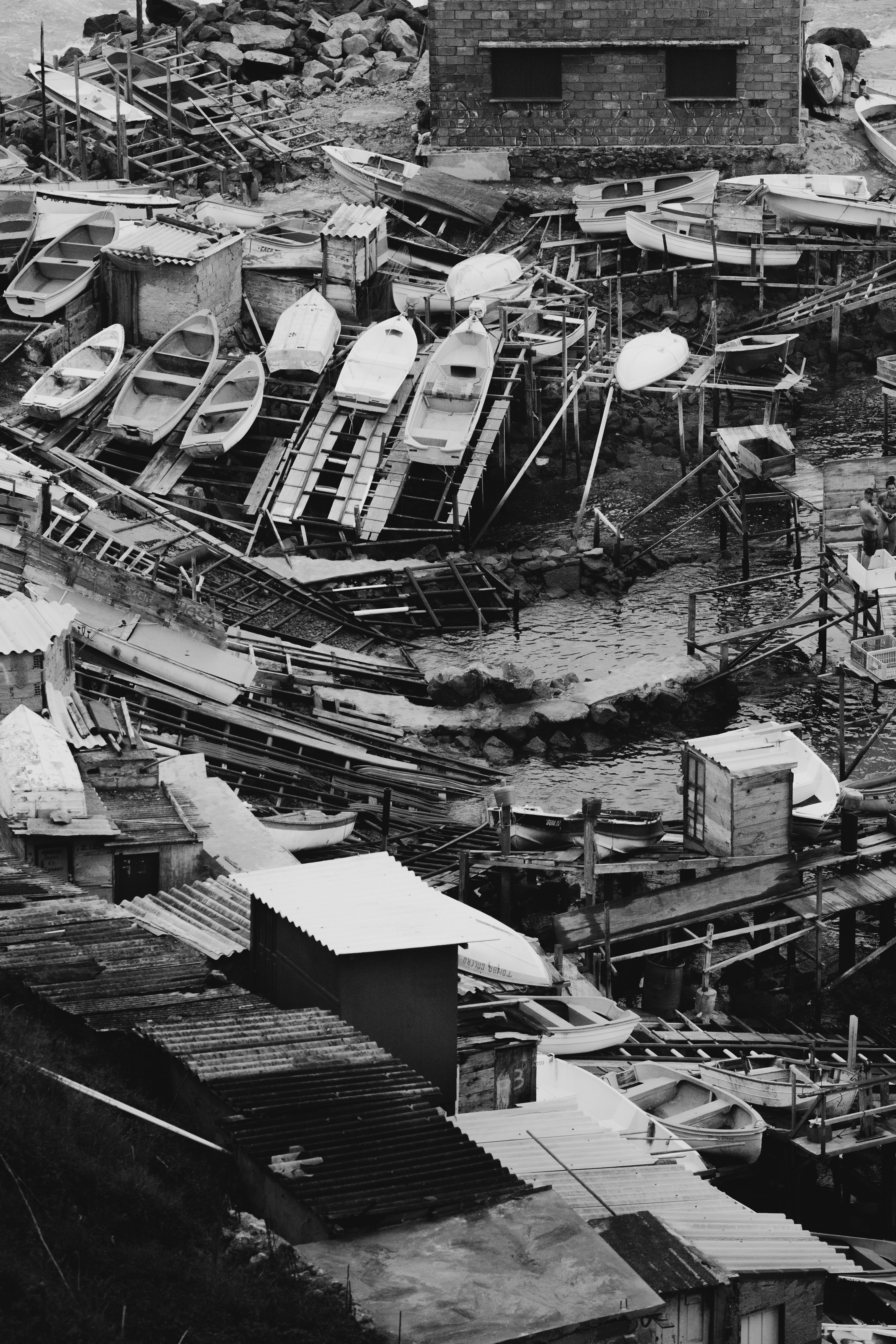 grayscale photo of houses and buildings