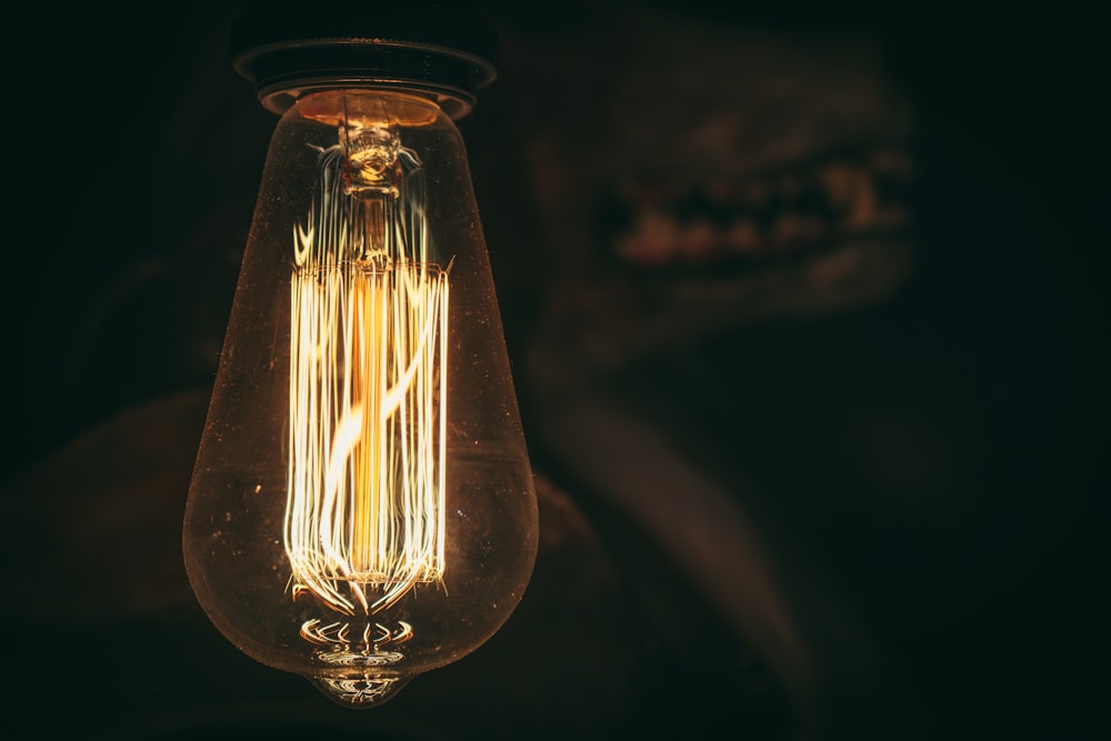 clear glass light bulb turned on in close up photography