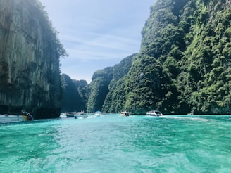 Turquoise waters surrounded by towering limestone cliffs covered with lush green foliage. Several motorboats are traveling through the water, reflecting a serene and vibrant seascape.