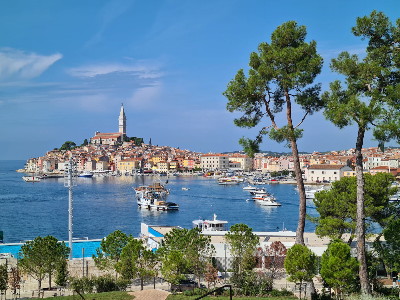 Traditional white and blue boat on the Adriatic near Rovinj