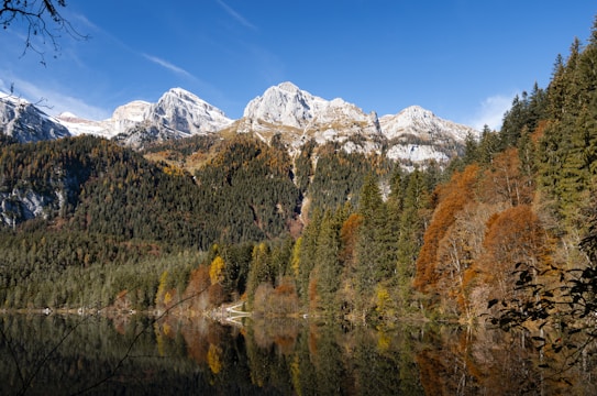 A picturesque mountain landscape with majestic snow-capped peaks rising in the background. Dense forests of evergreen and deciduous trees display a vibrant mix of green and autumnal colors. A tranquil lake in the foreground reflects the scenic beauty of the surroundings.
