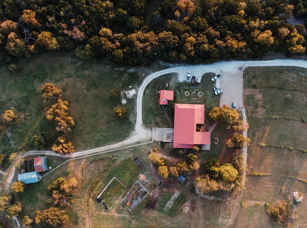 aerial view of red and white house surrounded by trees