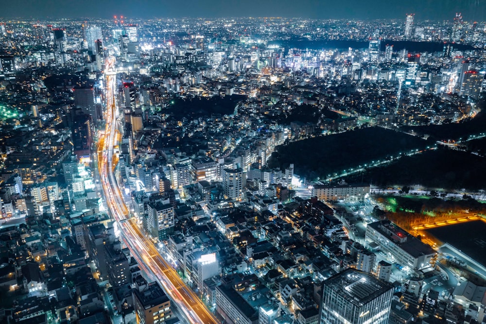 aerial view of city buildings during night time