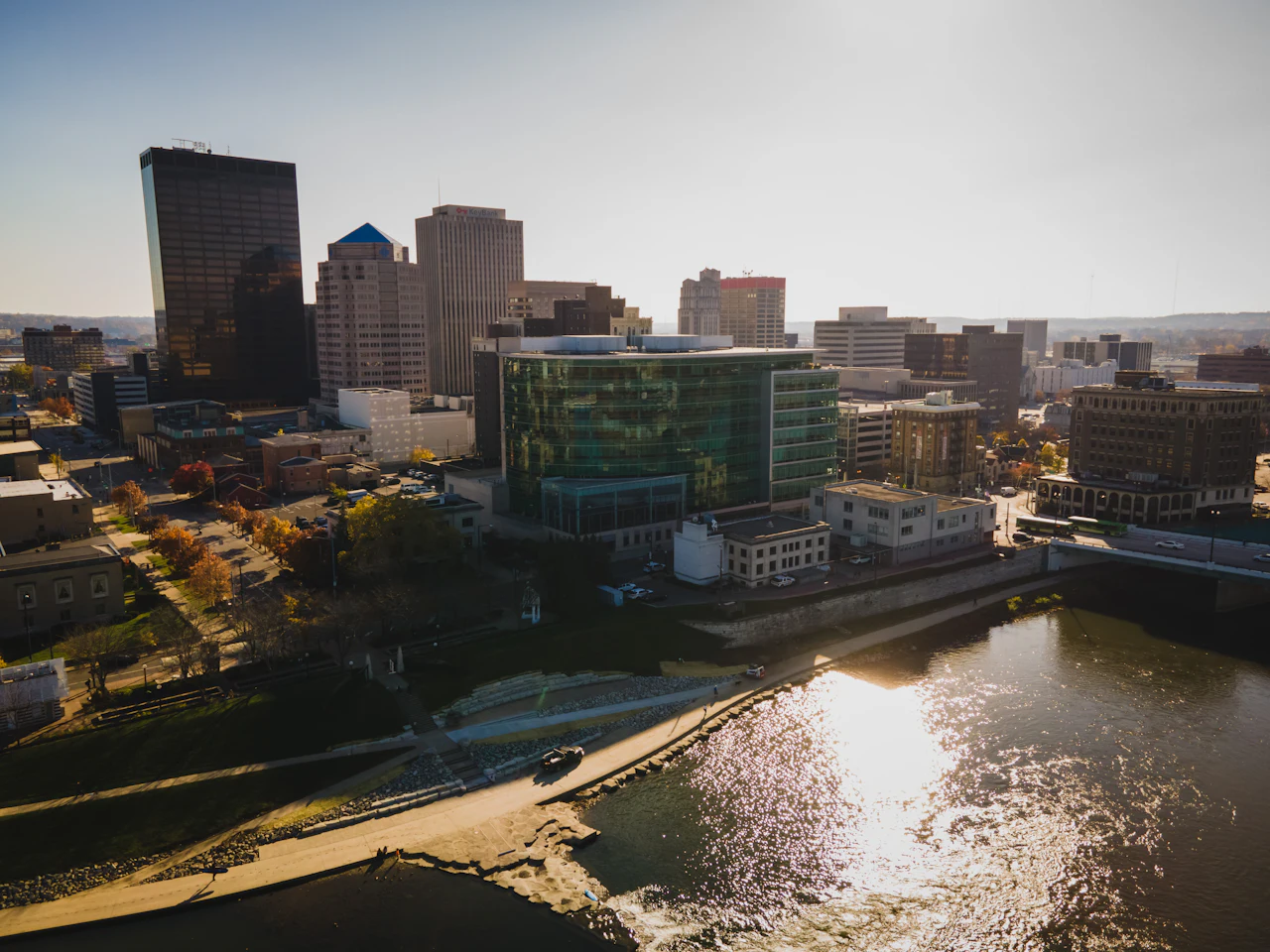 Downtown Dayton buildings beside the river