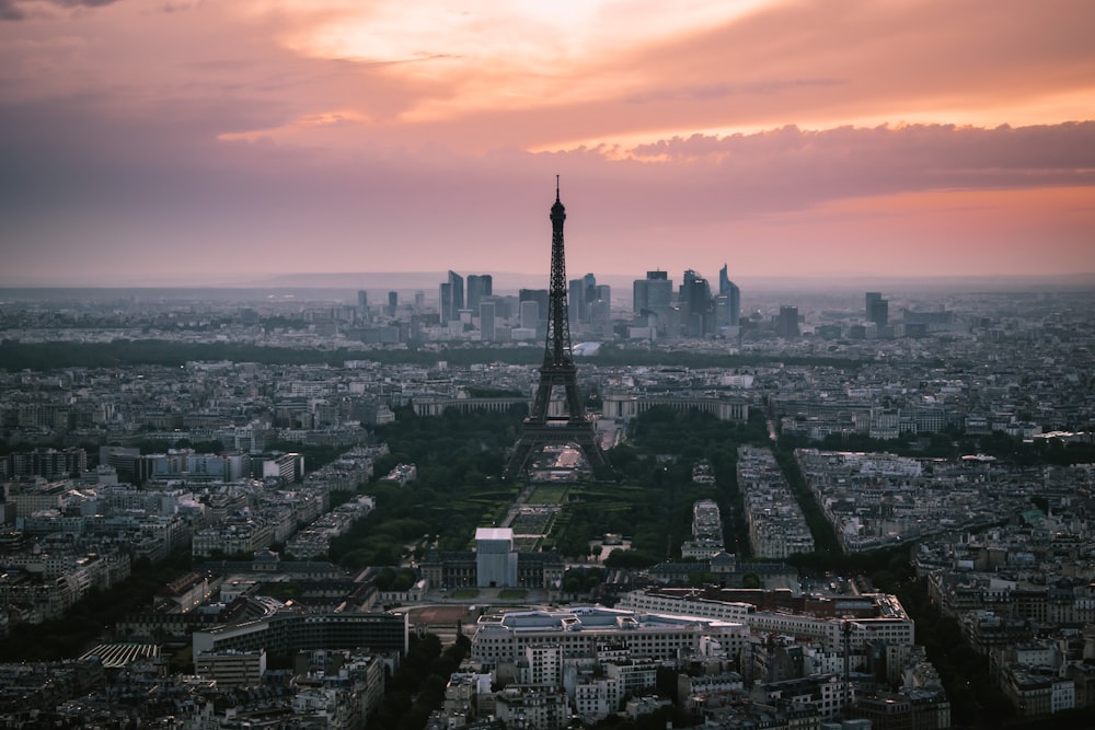 aerial view of city buildings during sunset